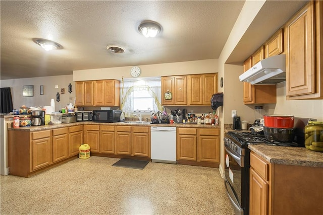 521 S Alexander St, New Orleans, LA 70119 - kitchen featuring dishwasher, ventilation hood, black microwave, stainless steel gas range, and a peninsula