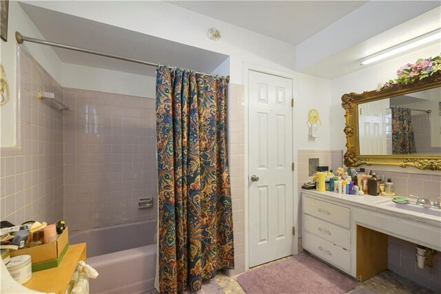 521 S Alexander St, New Orleans, LA 70119 - full bathroom featuring shower / bath combination with curtain, tile walls, and vanity