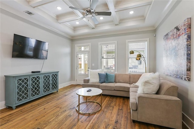 1627 Baronne St, New Orleans, LA 70113 - living area featuring hardwood / wood-style floors, coffered ceiling, ceiling fan, beamed ceiling, and baseboards