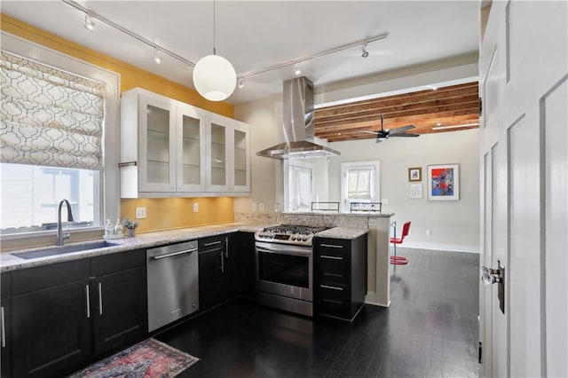 7715 Panola St, New Orleans, LA 70118 - kitchen featuring appliances with stainless steel finishes, a sink, track lighting, and island exhaust hood