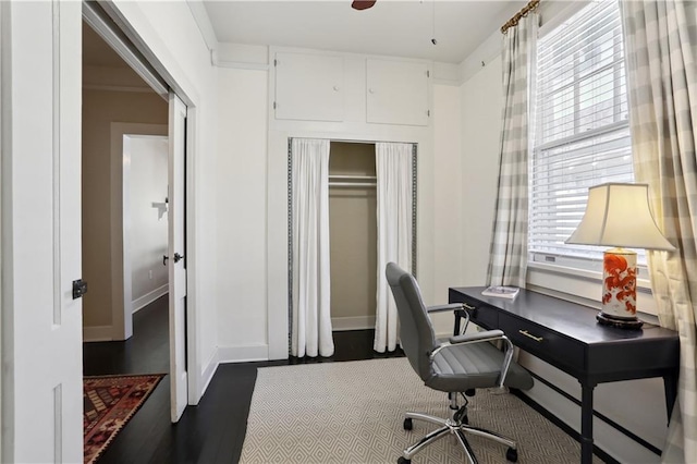 7715 Panola St, New Orleans, LA 70118 - office space with baseboards, dark wood-style flooring, and a ceiling fan