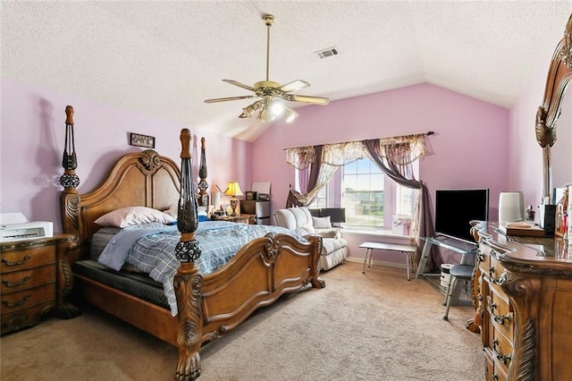 2929 Hudson St, New Orleans, LA 70114 - bedroom featuring lofted ceiling, carpet, a textured ceiling, and ceiling fan
