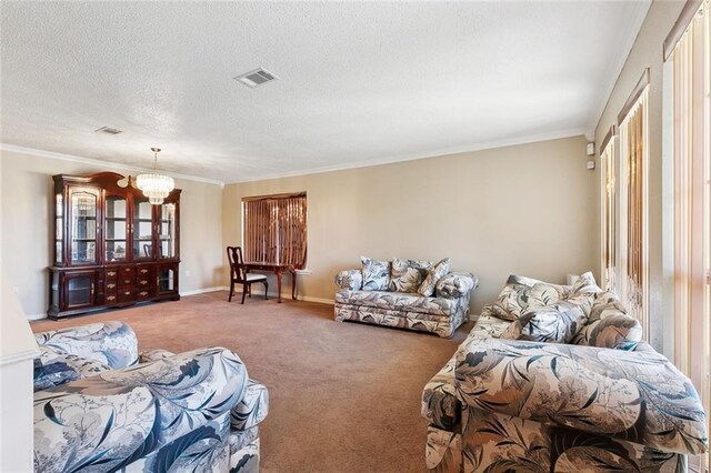 2929 Hudson St, New Orleans, LA 70114 - living area with a chandelier, carpet flooring, ornamental molding, a textured ceiling, and baseboards