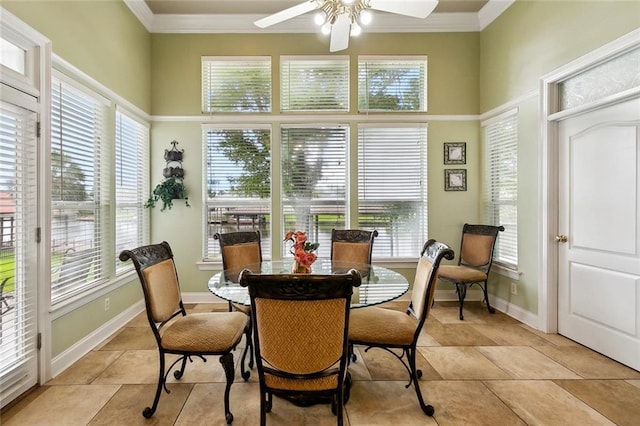 10 Harbor Cv, Slidell, LA 70458 - dining area featuring ornamental molding, a towering ceiling, a ceiling fan, and baseboards