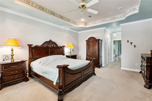 10 Harbor Cv, Slidell, LA 70458 - bedroom featuring light colored carpet, ornamental molding, a tray ceiling, baseboards, and a ceiling fan