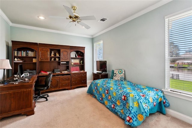 10 Harbor Cv, Slidell, LA 70458 - carpeted bedroom featuring multiple windows, ornamental molding, a desk, ceiling fan, and baseboards
