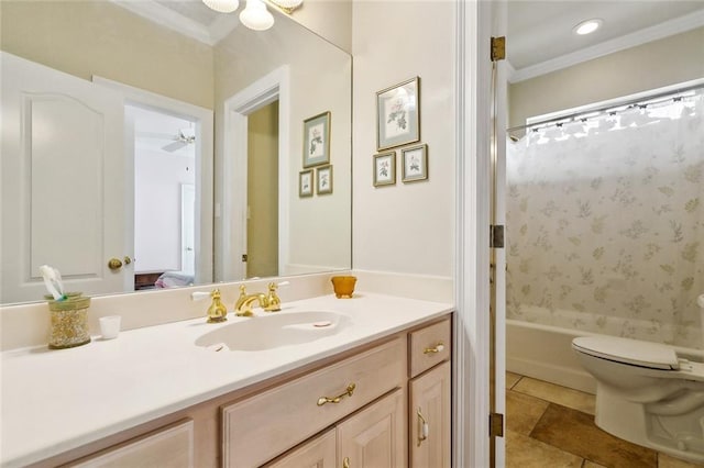 10 Harbor Cv, Slidell, LA 70458 - bathroom with ornamental molding, vanity, toilet, tile patterned flooring, and shower / bath combo with shower curtain