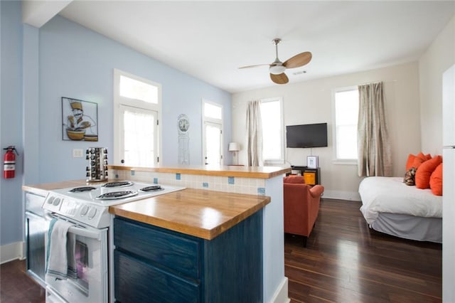 1241 Kerlerec St, New Orleans, LA 70116 - kitchen featuring electric range, open floor plan, blue cabinetry, a ceiling fan, and wooden counters