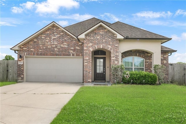 view of front of house featuring brick siding, concrete driveway, a garage, and roof with shingles