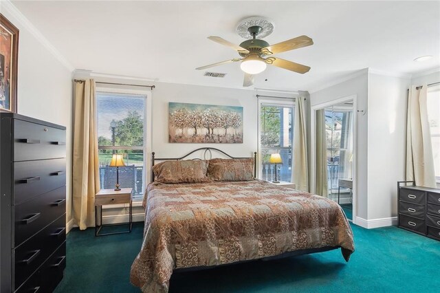 940 Orion Ave, Metairie, LA 70005 - bedroom featuring dark carpet, access to outside, ornamental molding, baseboards, and a ceiling fan