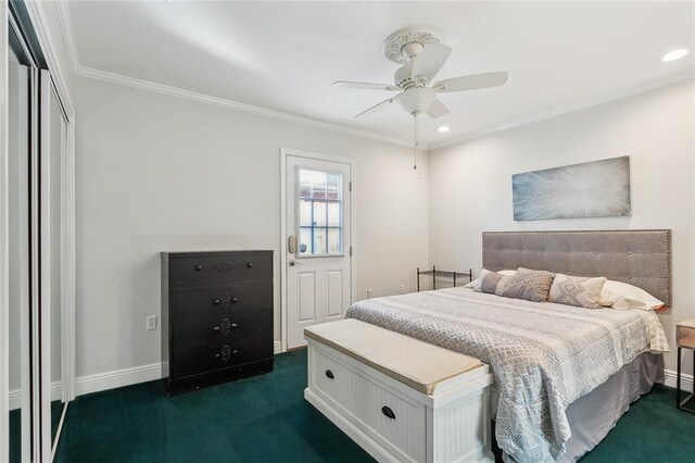 940 Orion Ave, Metairie, LA 70005 - bedroom with dark carpet, baseboards, ornamental molding, recessed lighting, and a ceiling fan