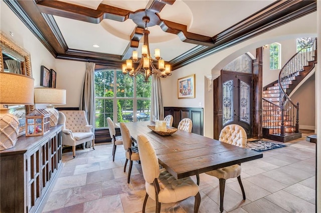11 Arbor Cir, New Orleans, LA 70131 - dining space featuring crown molding, arched walkways, stairway, coffered ceiling, and a chandelier