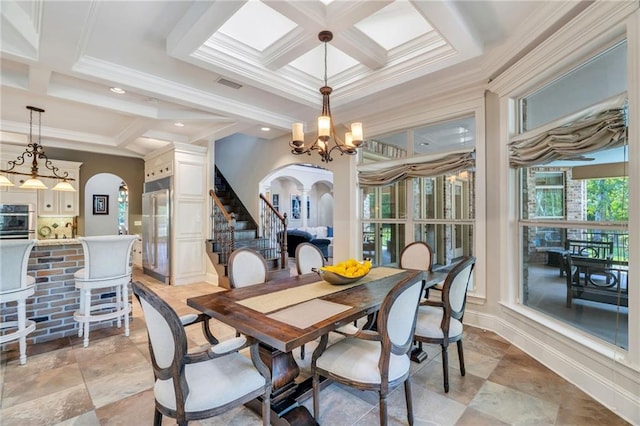 11 Arbor Cir, New Orleans, LA 70131 - dining space featuring arched walkways, coffered ceiling, crown molding, stairs, and beamed ceiling