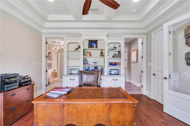 11 Arbor Cir, New Orleans, LA 70131 - home office with dark wood-type flooring, crown molding, ceiling fan, and a chandelier