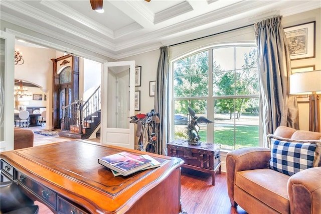 11 Arbor Cir, New Orleans, LA 70131 - office space featuring crown molding, healthy amount of natural light, wood finished floors, beamed ceiling, and a chandelier