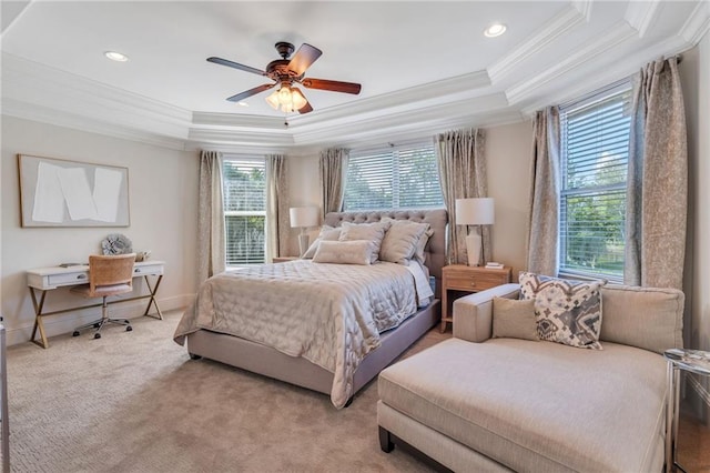11 Arbor Cir, New Orleans, LA 70131 - bedroom with crown molding, a tray ceiling, light colored carpet, recessed lighting, and ceiling fan