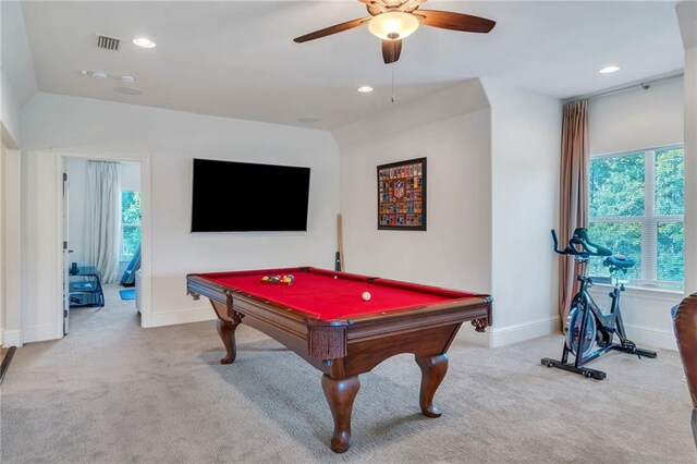11 Arbor Cir, New Orleans, LA 70131 - rec room with carpet floors, a ceiling fan, baseboards, billiards, and recessed lighting