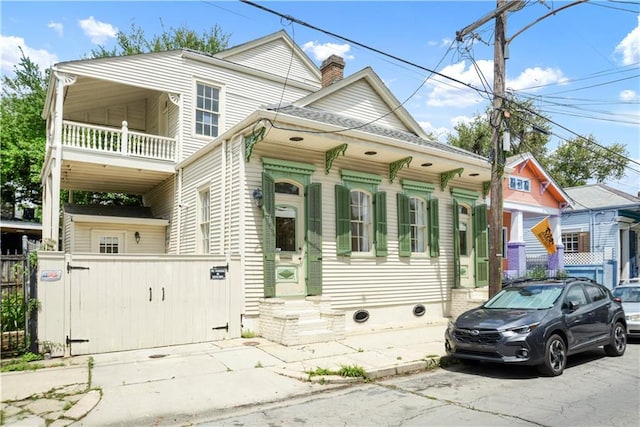 912 Spain St, New Orleans, LA 70117 - view of front of house with a balcony, entry steps, fence, a gate, and a chimney