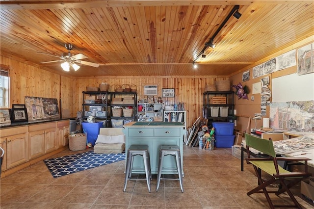kitchen featuring wooden walls, wooden ceiling, a ceiling fan, tile patterned floors, and dark countertops