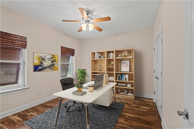 816 Celeste Ave, River Ridge, LA 70123 - office area featuring ceiling fan, dark wood-style flooring, and baseboards