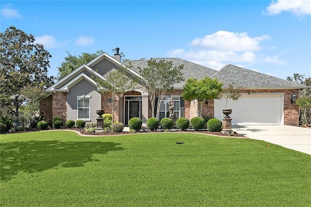 2744 Acadiana Trce, Marrero, LA 70072 - view of front of house featuring driveway, a front yard, an attached garage, brick siding, and a chimney