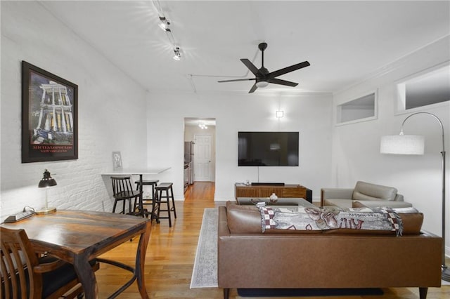 760 Magazine St Unit 113, New Orleans, LA 70130 - living room featuring a ceiling fan, light wood-style floors, and rail lighting