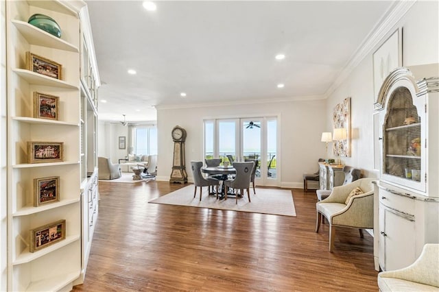 232 Lake Marina Ave Unit 10-D, New Orleans, LA 70124 - dining room featuring crown molding, ceiling fan, recessed lighting, wood finished floors, and baseboards