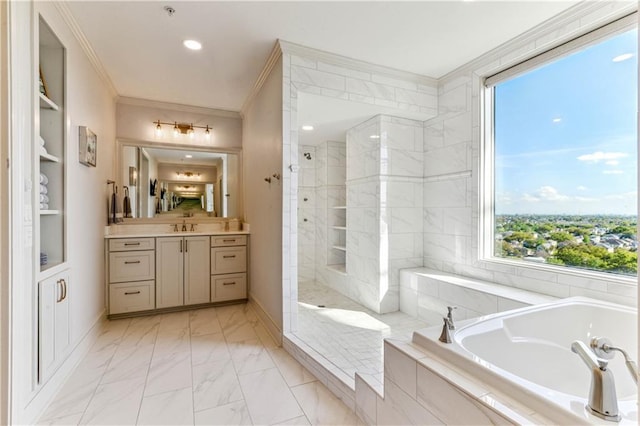 232 Lake Marina Ave Unit 10-D, New Orleans, LA 70124 - full bath with healthy amount of natural light, a bath, vanity, a tile shower, and ornamental molding