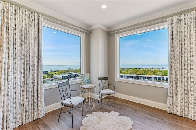 232 Lake Marina Ave Unit 10-D, New Orleans, LA 70124 - sitting room featuring ornamental molding, baseboards, wood finished floors, and plenty of natural light