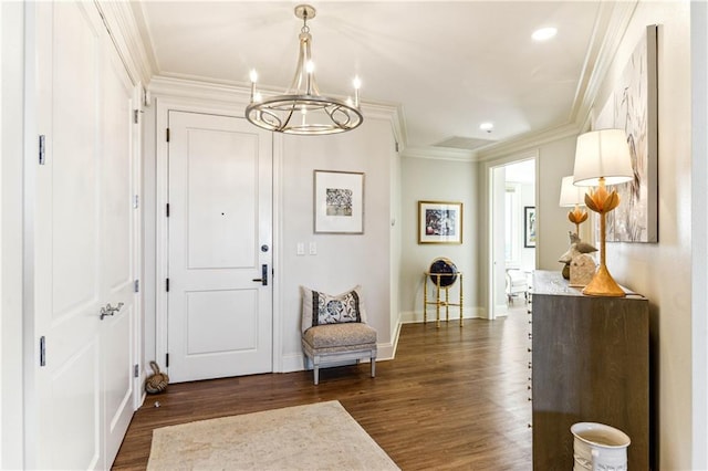 232 Lake Marina Ave Unit 10-D, New Orleans, LA 70124 - entrance foyer featuring a chandelier, dark wood-style flooring, crown molding, baseboards, and recessed lighting