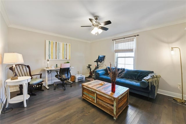 5517 N Rampart St, New Orleans, LA 70117 - living area with ceiling fan, dark wood-style floors, crown molding, baseboards, and an office area
