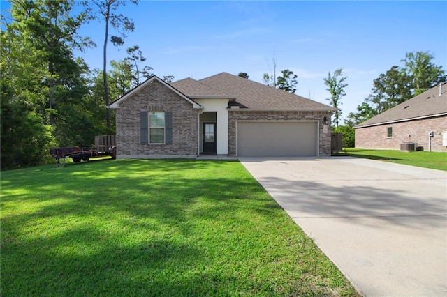 view of front facade with concrete driveway, an attached garage, central AC unit, a front lawn, and brick siding