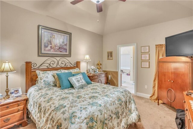 270 Libra Ave Unit B, Mandeville, LA 70471 - bedroom with light carpet, lofted ceiling, baseboards, ceiling fan, and connected bathroom