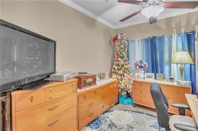 270 Libra Ave Unit B, Mandeville, LA 70471 - office with crown molding, a ceiling fan, and light carpet