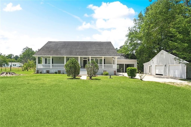 view of front facade with covered porch, an outdoor structure, a garage, a front lawn, and a shingled roof