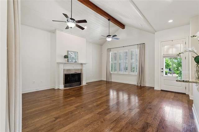 993 Beauregard Pkwy, Covington, LA 70433 - unfurnished living room featuring dark wood finished floors, a high end fireplace, a ceiling fan, baseboards, and recessed lighting