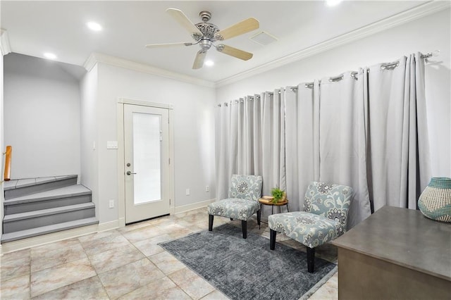 26 Camellia Dr, Covington, LA 70433 - living area with crown molding, recessed lighting, ceiling fan, stairway, and baseboards