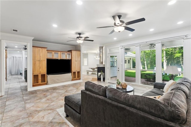 26 Camellia Dr, Covington, LA 70433 - living area with ceiling fan, ornamental molding, and recessed lighting