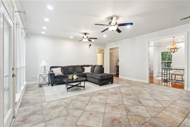 26 Camellia Dr, Covington, LA 70433 - living room with ornamental molding, recessed lighting, ceiling fan, a chandelier, and baseboards