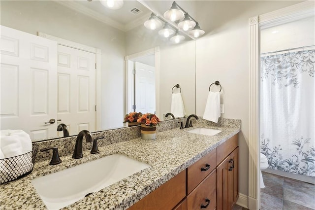 26 Camellia Dr, Covington, LA 70433 - full bath with toilet, crown molding, double vanity, and a shower with shower curtain