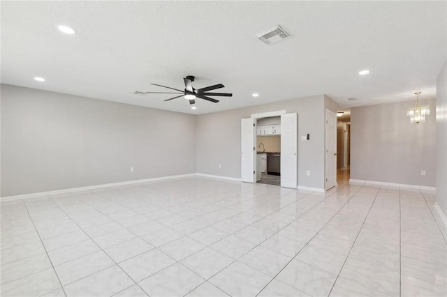 7511 Fieldston Rd, New Orleans, LA 70126 - unfurnished room with a ceiling fan, a chandelier, recessed lighting, baseboards, and light tile patterned floors