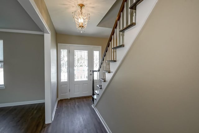 5831 Durbridge Dr, New Orleans, LA 70131 - entryway featuring a chandelier, dark wood-style floors, plenty of natural light, and stairs