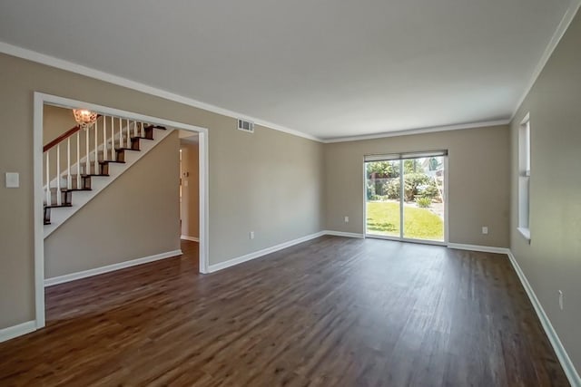 5831 Durbridge Dr, New Orleans, LA 70131 - empty room featuring dark wood-style floors, stairs, baseboards, ornamental molding, and a chandelier