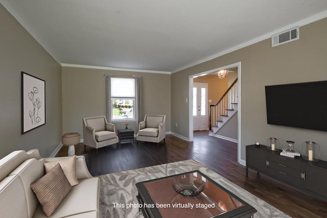 5831 Durbridge Dr, New Orleans, LA 70131 - living room featuring wood finished floors, baseboards, stairway, crown molding, and a chandelier