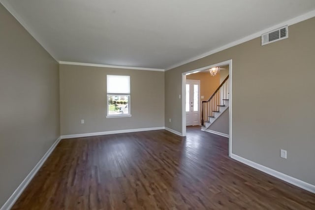 5831 Durbridge Dr, New Orleans, LA 70131 - empty room with a chandelier, dark wood finished floors, baseboards, and crown molding