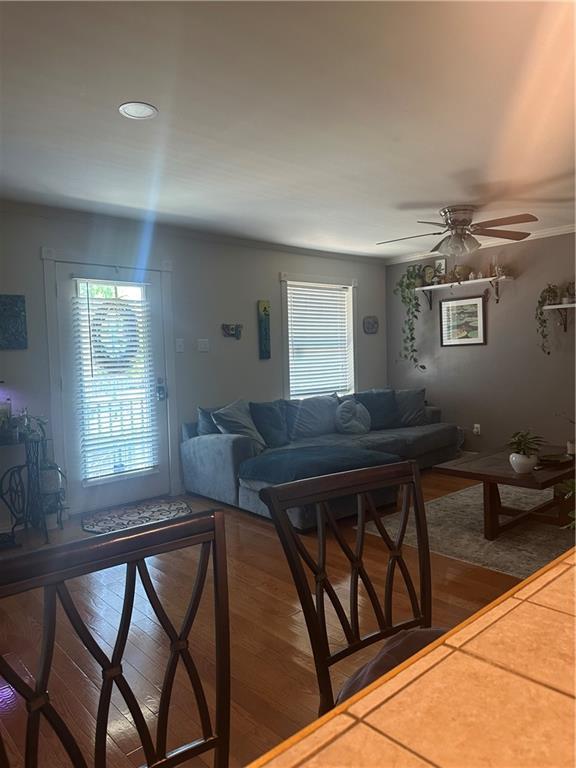 3725 Marion St Unit 5, Metairie, LA 70002 - living room with wood finished floors, plenty of natural light, and ceiling fan