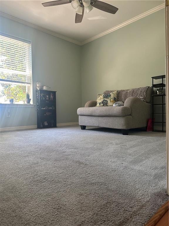 3725 Marion St Unit 5, Metairie, LA 70002 - living area featuring a ceiling fan, carpet floors, ornamental molding, and baseboards