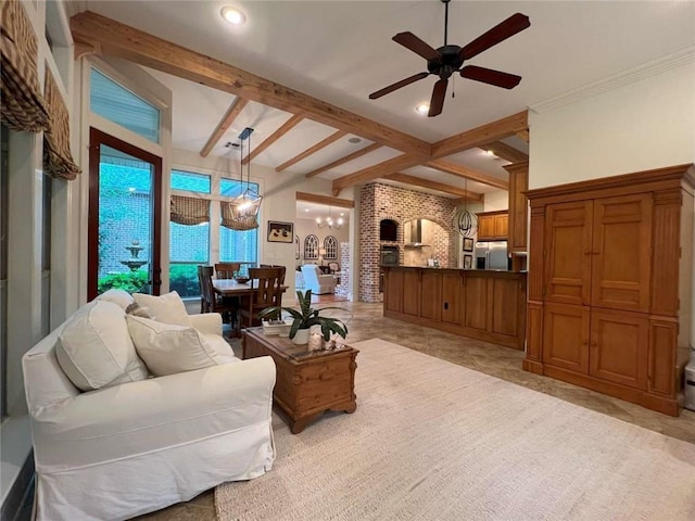 7 Spanish Moss Ct, Mandeville, LA 70471 - living area featuring a ceiling fan, beam ceiling, a chandelier, and recessed lighting