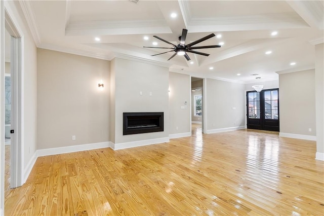 3821 Indiana St, New Orleans, LA 70114 - unfurnished living room with a glass covered fireplace, crown molding, recessed lighting, ceiling fan, and light wood-style flooring