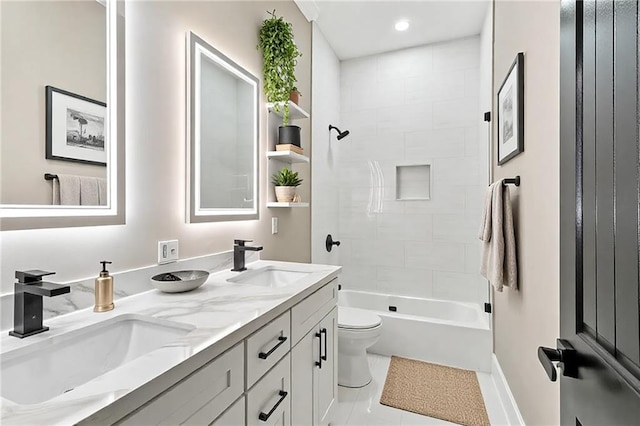 3821 Indiana St, New Orleans, LA 70114 - full bathroom featuring toilet, double vanity, bathtub / shower combination, baseboards, and recessed lighting